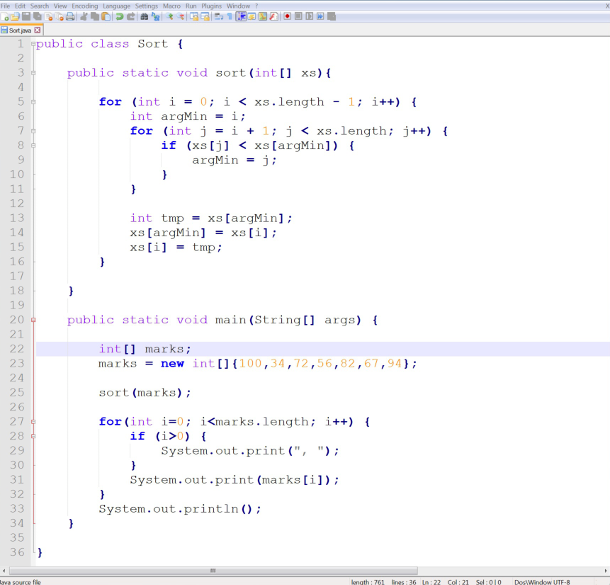 Édition d’un programme de tri par sélection à l’aide de l’éditeur de code source Notepad++ sous Windows. Édition d’un programme de tri par sélection à l’aide de l’éditeur de code source Notepad++ sous Windows.